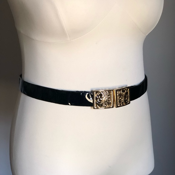 Vintage 80’’s/90’s Talbots Patent Leather Black Shiny Gold Clasp Buckle Belt - Picture 8 of 8